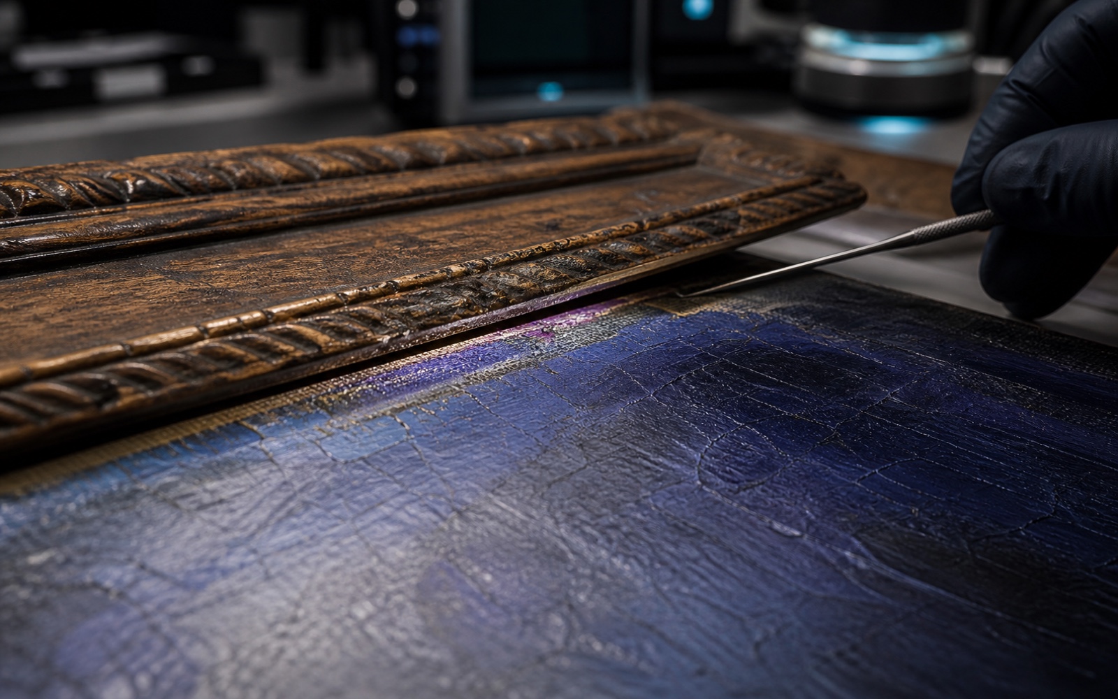 A conservator's gloved hand raises the carved edge of a historic frame by a few millimetres, revealing a narrow violet pigment line protected beside the more blue-looking exposed paint.