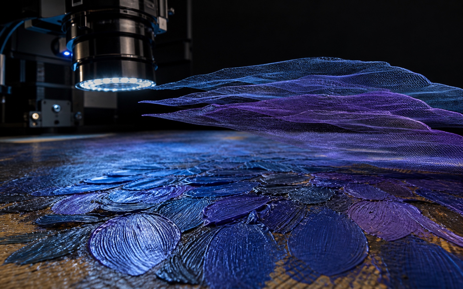 An intact impasto surface remains beneath a non-contact imaging lens while three closely spaced blue-to-violet digital meshes hover above the same registered brushstroke geometry.