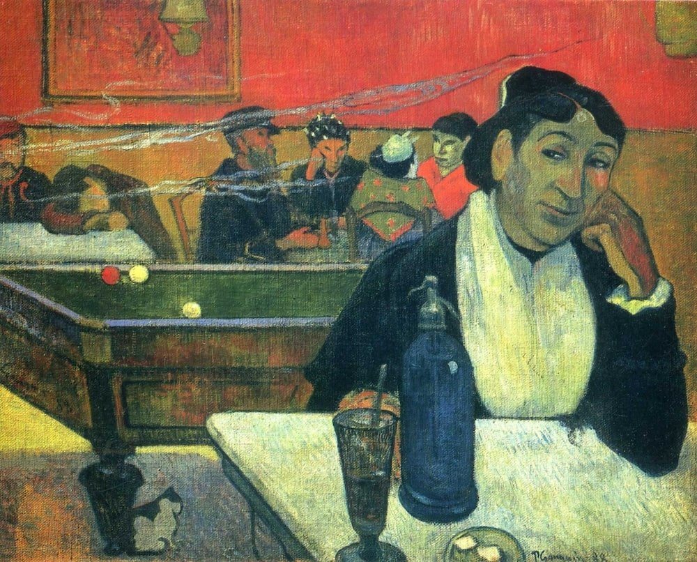 Gauguin's Night Café at Arles, a flatter and calmer vision of the same room.