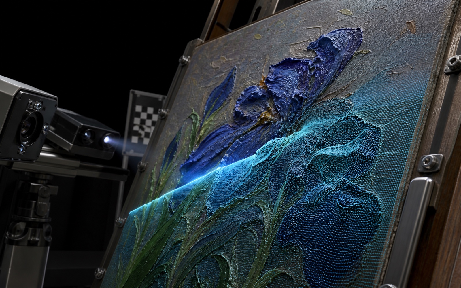 A structured-light scanner records thick blue iris brushstrokes while a precisely registered cyan mesh takes shape over the lower half of the painted surface.