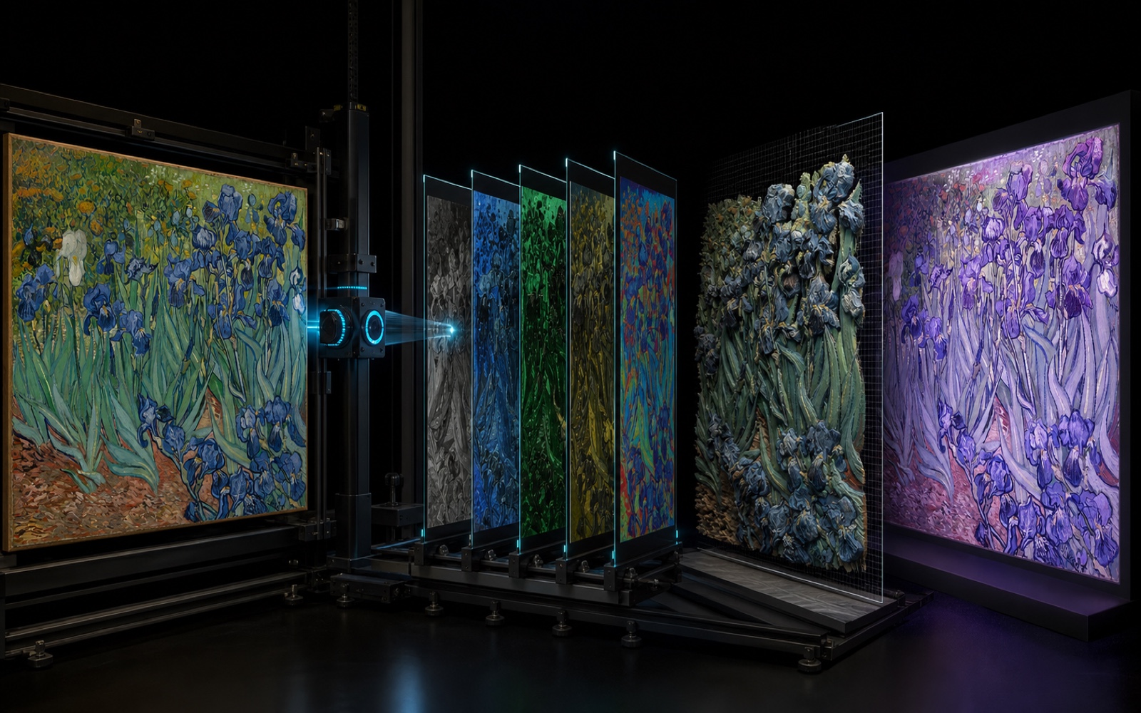 Van Gogh's Irises appears unchanged at the left of a dark imaging system; registered spectral planes lead to a three-dimensional brushstroke model and a separate violet digital hypothesis at the right.