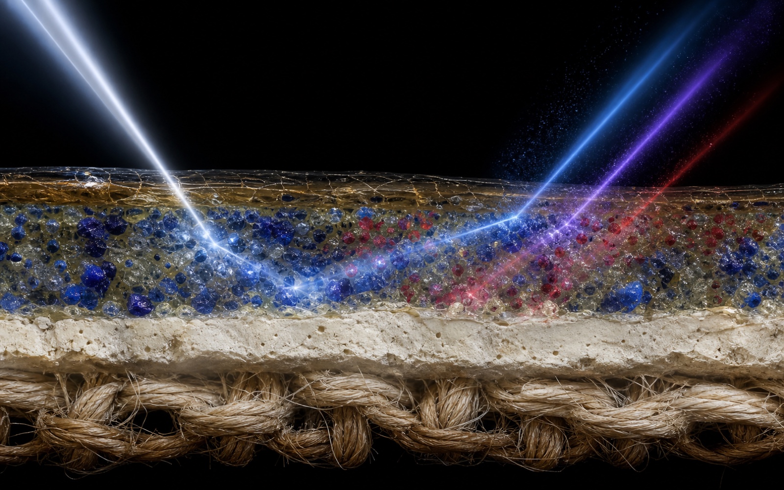 A cinematic microscopic cutaway through an intact painting, showing woven canvas, a pale ground, blue and red pigment particles in binder, aged varnish, and light scattering through the layers.