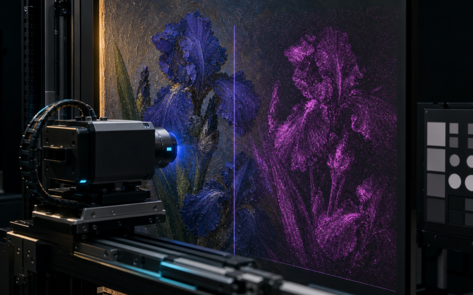 A non-contact XRF scanner moves on precision rails in front of blue-violet painted irises while a registered magenta density field visualizes where a selected element might be distributed.