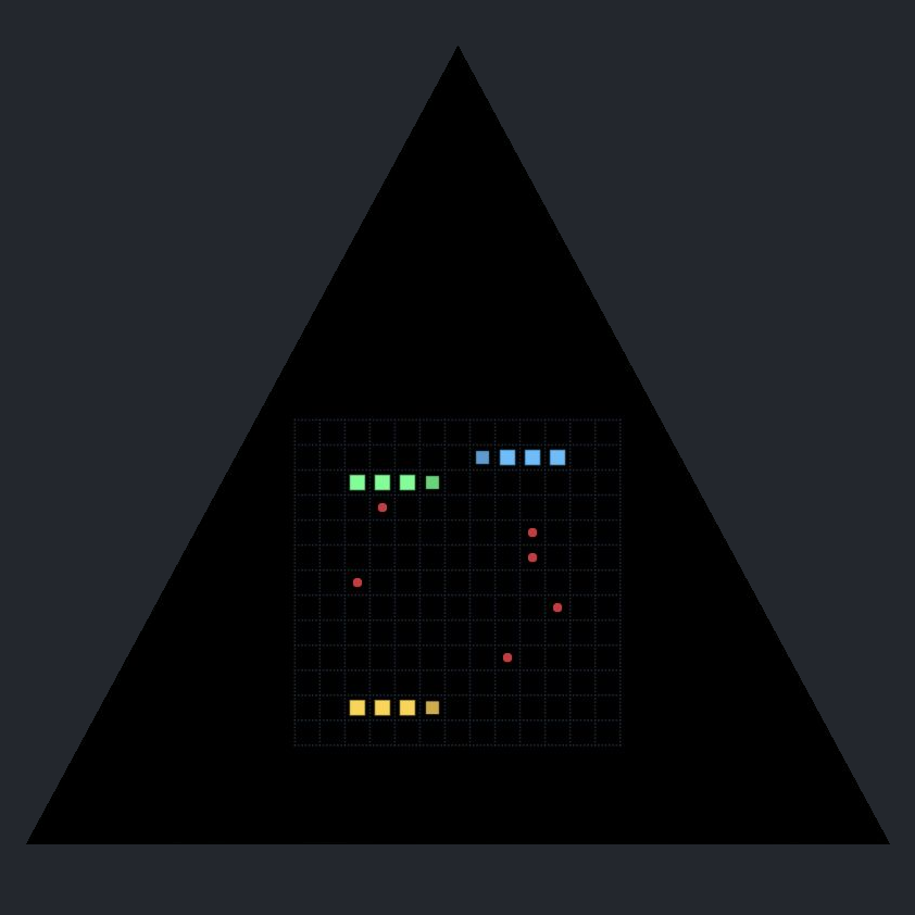A square game grid containing green, blue, and yellow snakes and red food pixels.