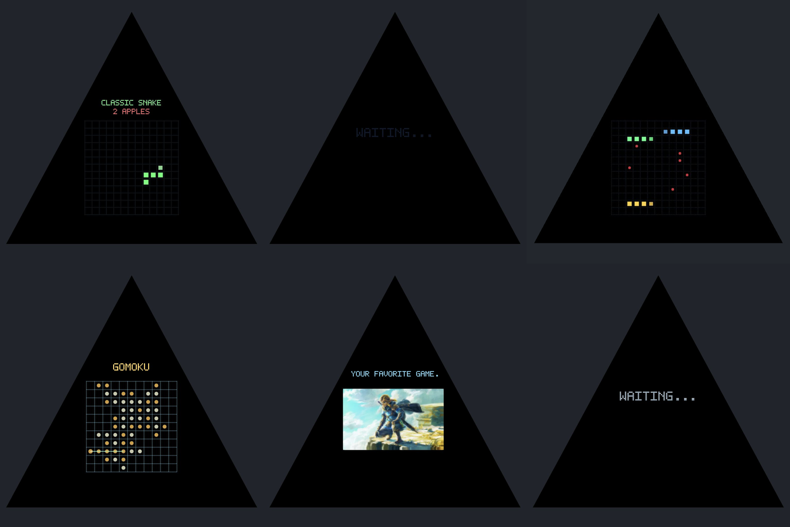 Six moments from the artwork: classic Snake, a waiting card, a three-snake arena, Gomoku, a favorite-game image made from pixels, and another waiting card.