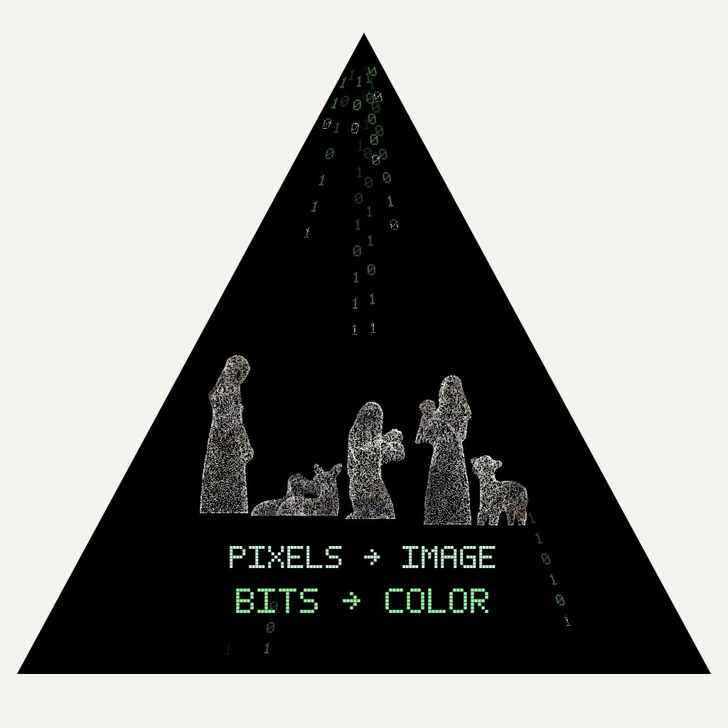 A still from the Live Painting: falling green zeros and ones gather above a pixel-built Nativity scene, with the labels pixels to image and bits to color.
