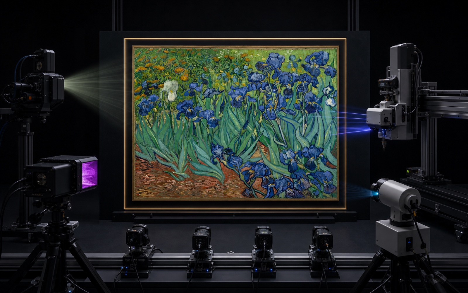 Van Gogh's Irises stands in a dark conservation laboratory, surrounded at a safe distance by cameras, optical sensors, a scanning gantry, and raking-light equipment.