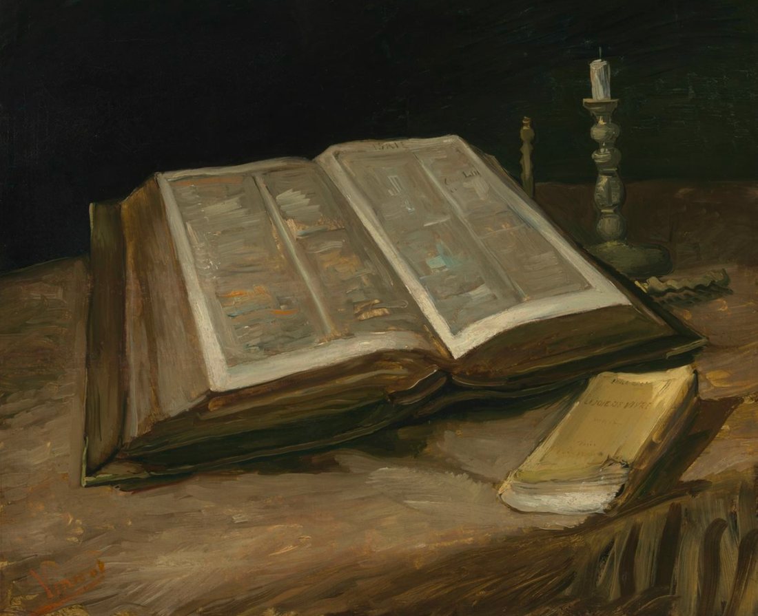 Van Gogh's Still Life with Bible, showing a large open Bible beside a small worn novel.