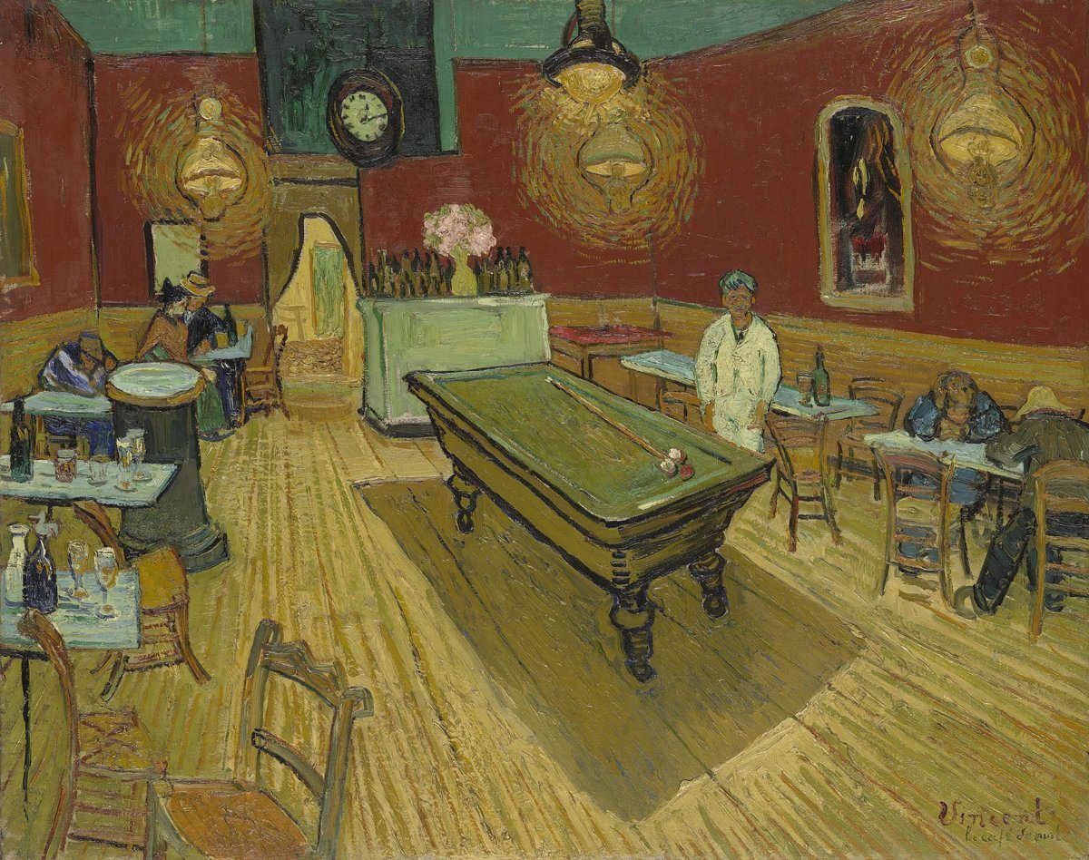 Van Gogh's The Night Café, painted with clashing red and green and a sharply tilting floor.