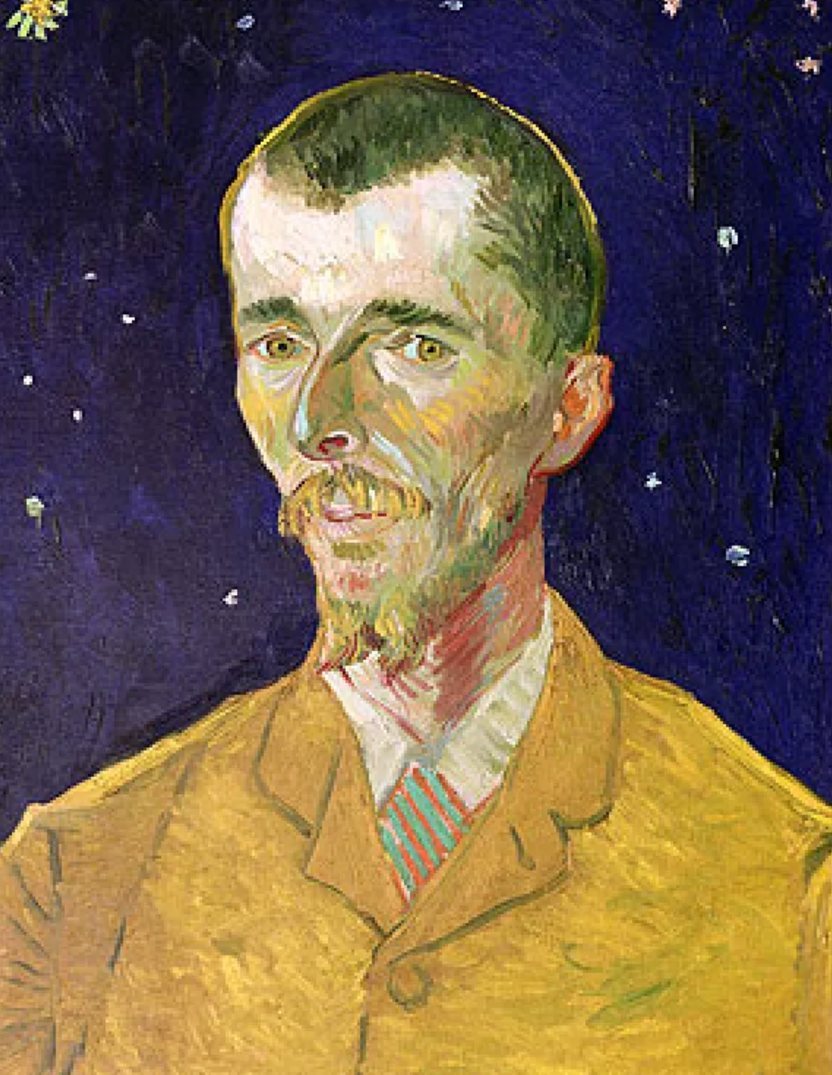 Van Gogh's portrait of painter Eugène Boch in a yellow jacket, his head against a deep blue background scattered with small stars.