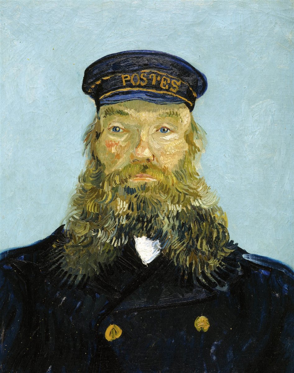 Van Gogh's portrait of postman Joseph Roulin: a bearded man in a dark blue uniform and a cap lettered POSTES, set against a pale blue background.
