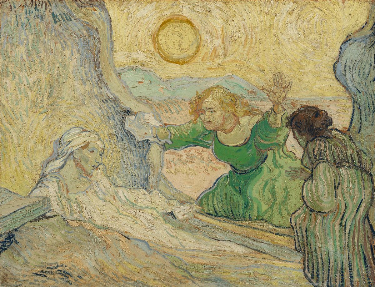 Van Gogh's reimagining of The Raising of Lazarus beneath a great golden sun.
