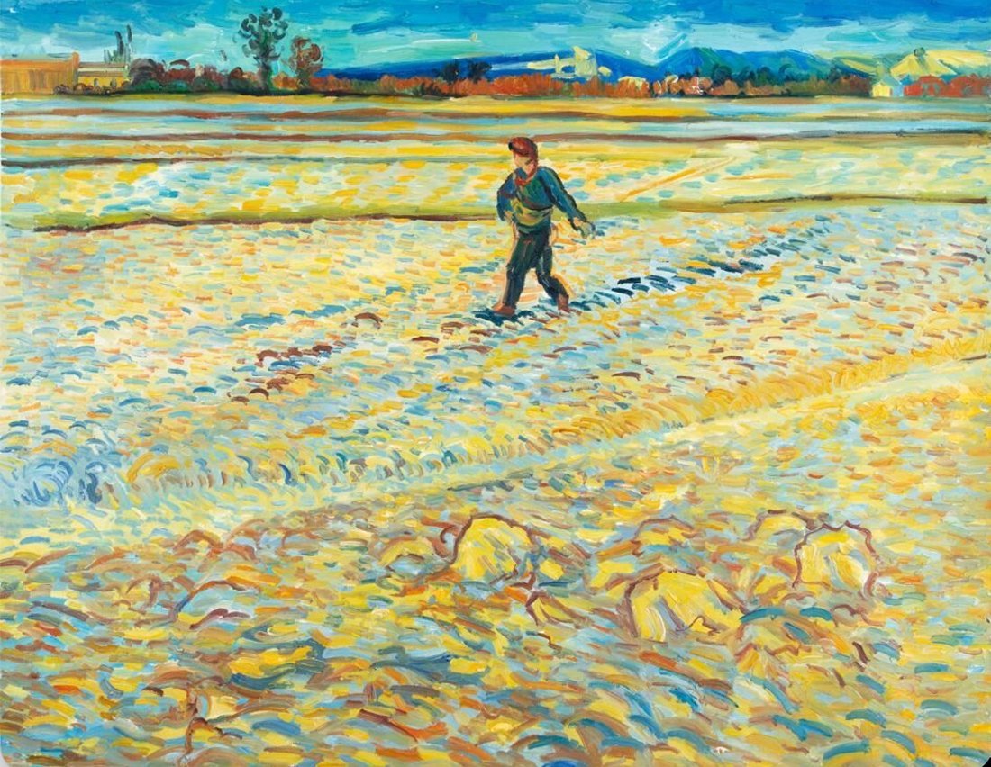 Van Gogh's The Sower, with a farmer scattering seed beneath a vast golden sun.