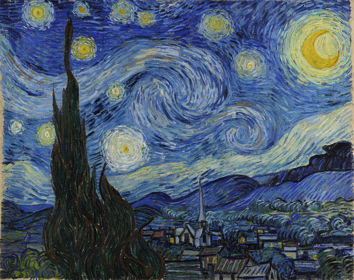 Vincent van Gogh's The Starry Night: a dark cypress rises beside a sleeping village beneath a blue sky of circling stars, moonlight, and wave-like clouds.